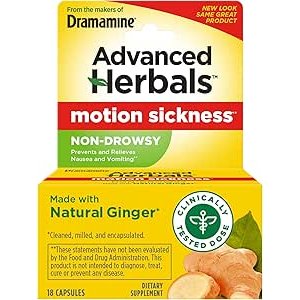 $2.59 Amazon.com: From the Makers of Dramamine, Advanced Herbals, Non-Drowsy, Motion Sickness Relief, Made with Natural Ginger, 18 Count : Health & Household