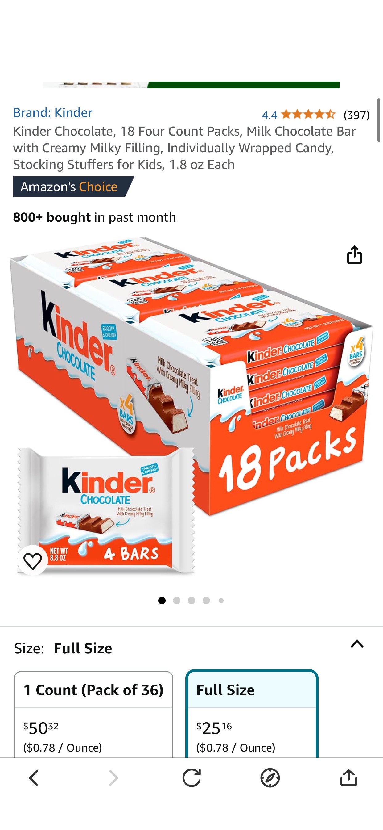 Amazon.com: Kinder Chocolate, 18 Four Count Packs, Milk Chocolate Bar with Creamy Milky Filling, Individually Wrapped Candy, Stocking Stuffers for Kids, 1.8 oz Each 巧克力