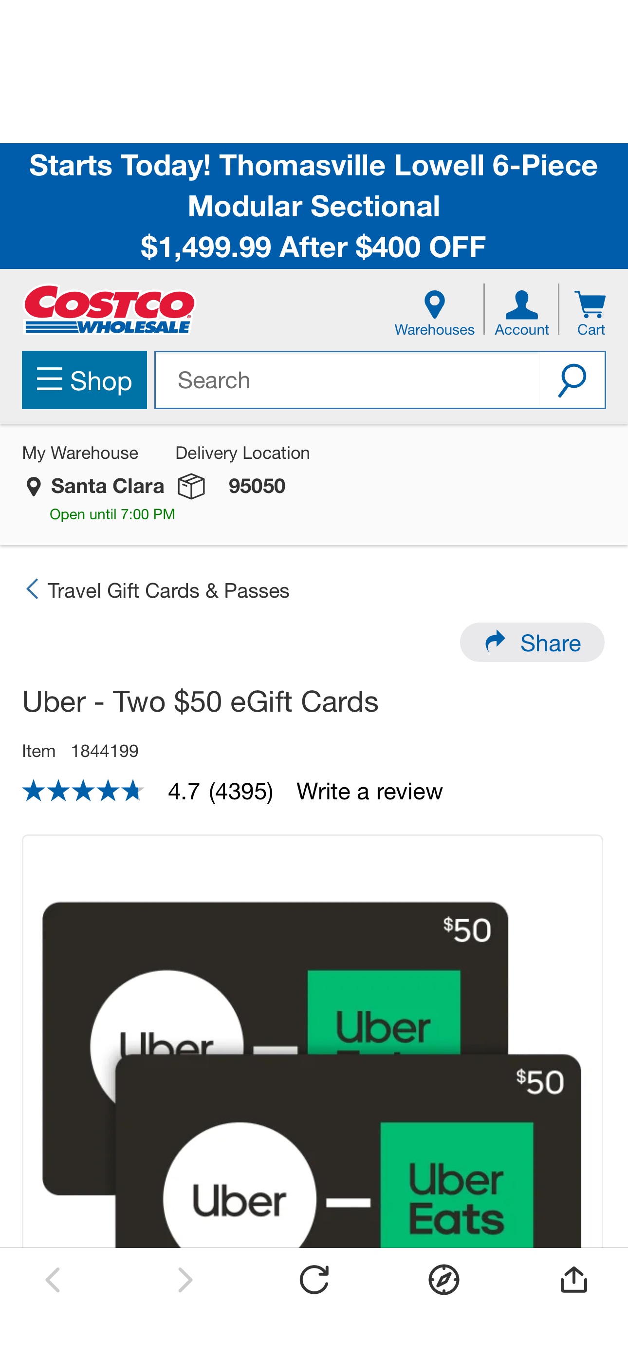 Uber - Two $50 eGift Cards | Costco