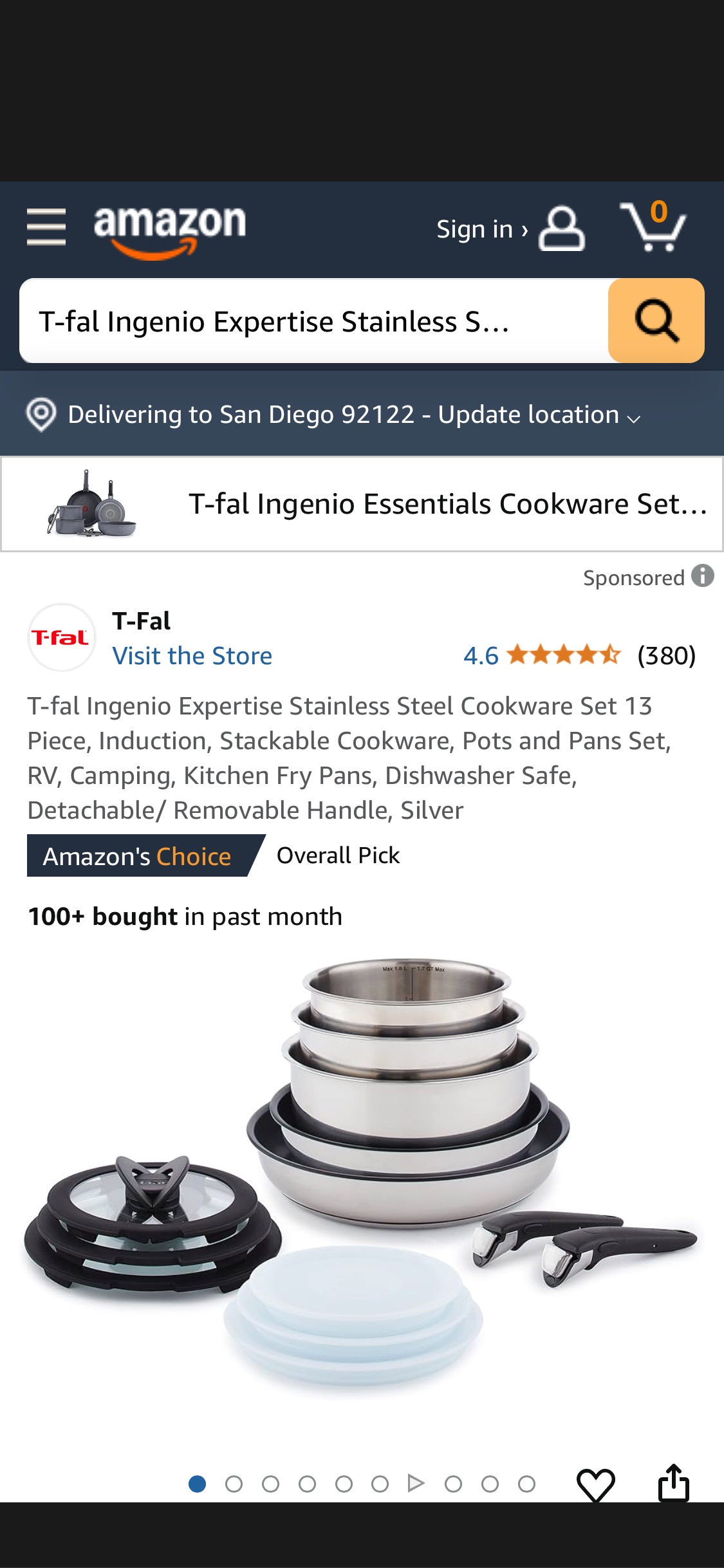 Amazon.com: T-fal Ingenio Expertise Stainless Steel Cookware Set 13 Piece, Induction, Stackable Cookware, Pots and Pans Set, RV, Camping, Kitchen Fry Pans, Dishwasher Safe, Detachable/ Removable Handl