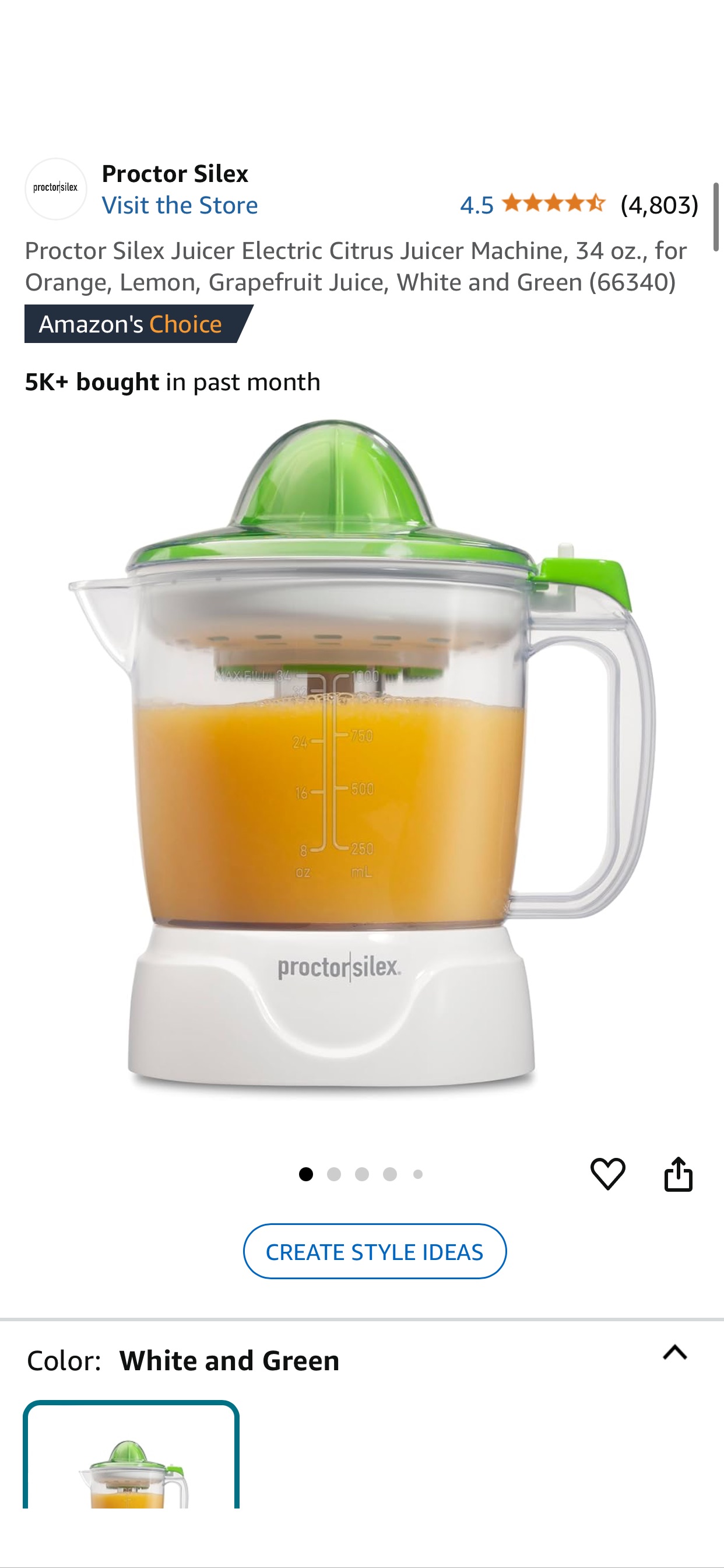 Amazon.com: Proctor Silex Juicer Electric Citrus Juicer Machine, 34 oz., for Orange, Lemon, Grapefruit Juice, White and Green (66340): Home & Kitchen 柠檬榨汁机