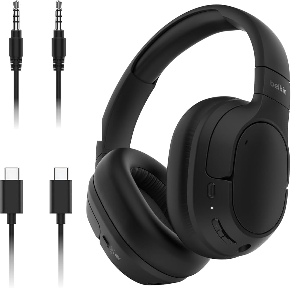 Amazon.com: Belkin SoundForm Isolate Noise-Cancelling Over-Ear Headphones, Hybrid Active Noise-Cancelling, Wireless, Bluetooth w/ 60H Playtime, Deep Bass, CloudCushion Ear Cups for Travel, Home, or Of