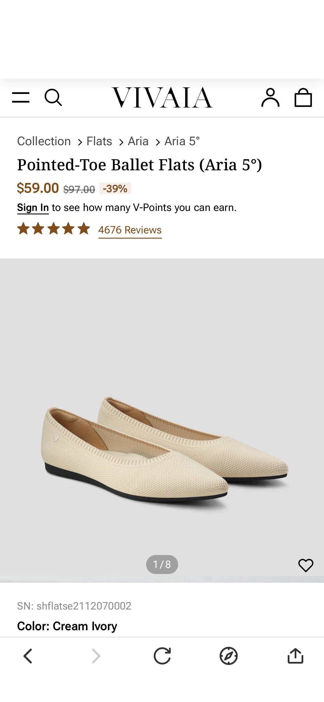 Aria5° Women Pointy Flats in Cream Ivory-Sustainable & Washable | VIVAIA