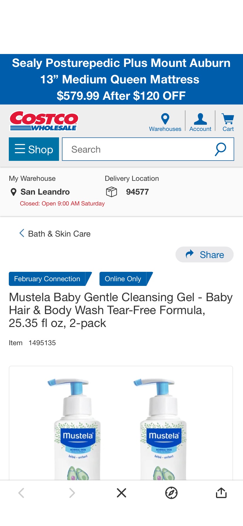Mustela Baby Gentle Cleansing Gel - Baby Hair & Body Wash Tear-Free Formula, 25.35 fl oz, 2-pack | Costco