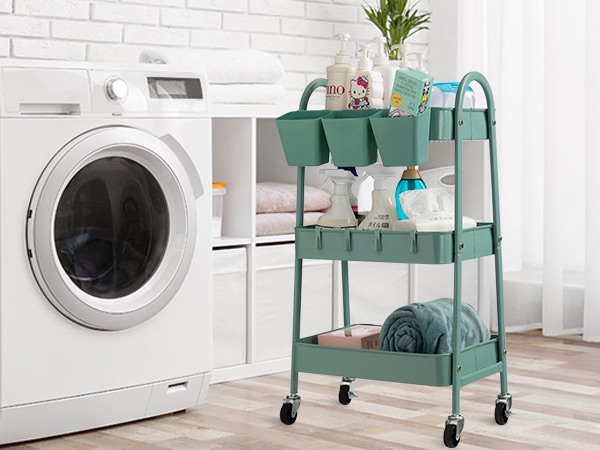 Amazon.com: danpinera 3-Tier Rolling Cart, Metal Rolling Storage Cart with Lockable Wheels & Hanging Cups & Hooks, Mobile Trolley for Kitchen, Bathroom, Office, Workshop, Green : Office Products