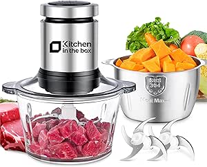  Kitchen in the Box 400W Electric Meat Grinder & Food Processor, Food Choppper upgraded Full-Copper Motor, with 2 Bowls (8 Cup Glass+8 Cup 304 Stainless Steel) and Bi-Level Blades, Silver