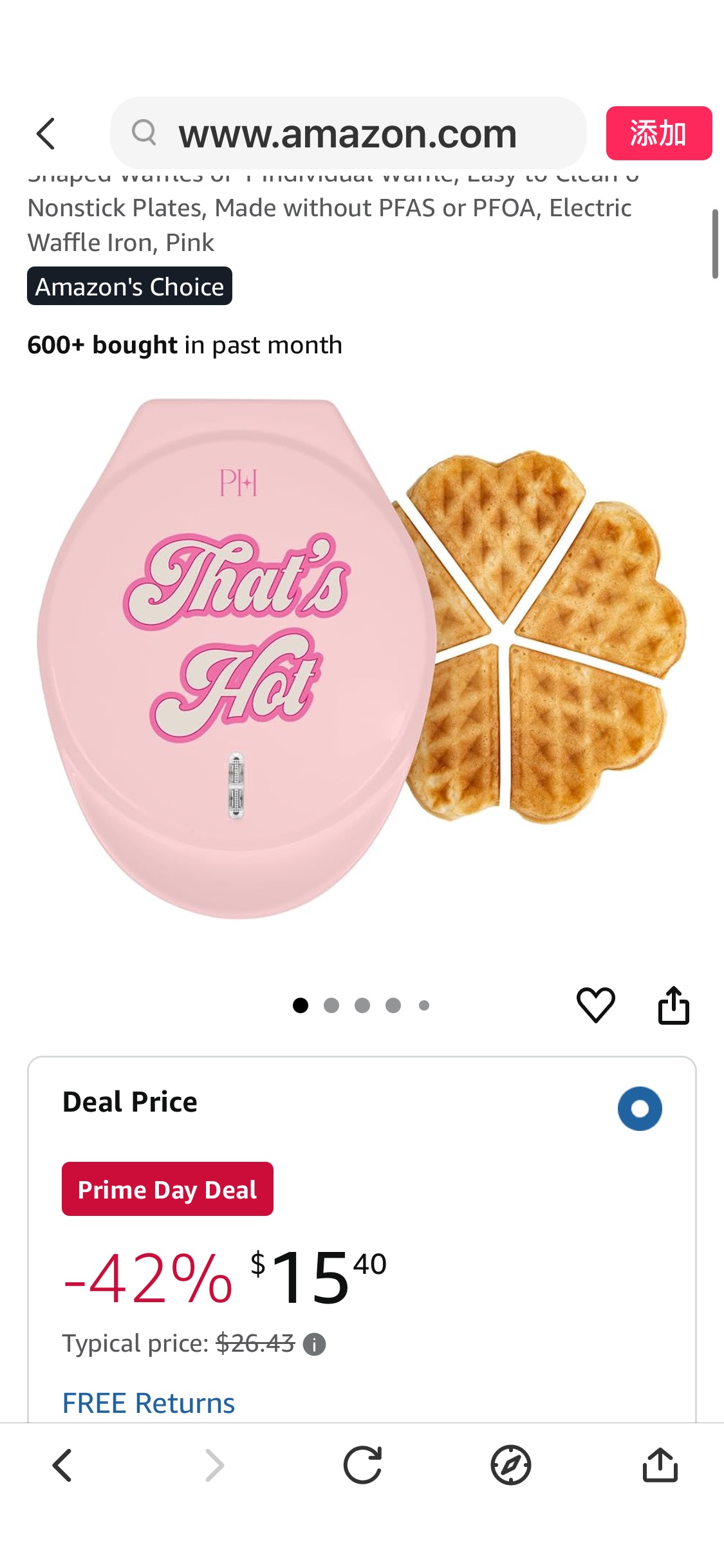 Amazon.com: Paris Hilton Heart Waffle Maker, Makes 5 Mini Heart Shaped Waffles or 1 Individual Waffle, Easy to Clean 6" Nonstick Plates, Made without PFAS or PFOA, Electric Waffle Iron, Pink: Home & K