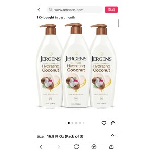 $18.16 Amazon.com : Jergens Hydrating Coconut Body Lotion, Hand and Body Moisturizer, Infused with Coconut Oil, Hydrates Dry Skin Instantly, Dermatologist Tested, 16.8 oz, Pack of 3 : Beauty & Personal Care