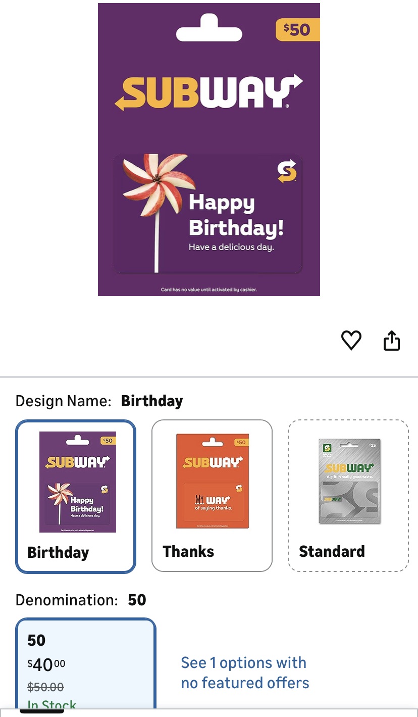 Amazon.com: Subway Birthday Gift Card $50 : Gift Cards