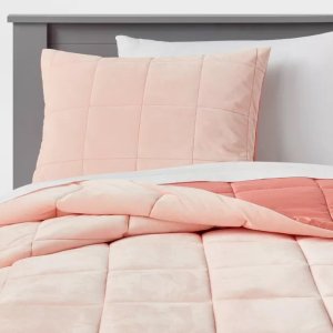 $33.75 Twin Kids  Comforter Set Windowpane Velvet Pink - Pillowfort™: Twin Bedding, OEKO-TEX Certified, Box Quilting : Target