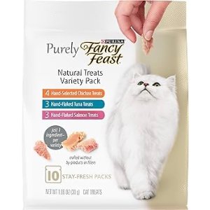 $14.92 Amazon.com : Purina Fancy Feast Natural Cat Treats Variety Pack, Purely Natural - (Pack of 5) 10 ct. Pouches : Pet Supplies