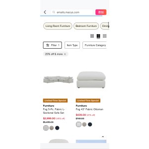 $439 Furniture on Sale | Dining Sets, Living Room & Home Accents - Macy s 梅西百货：我们的总统日促销正在进行中！购买20-65%的折扣，加上家具、床垫等20-70%的折扣