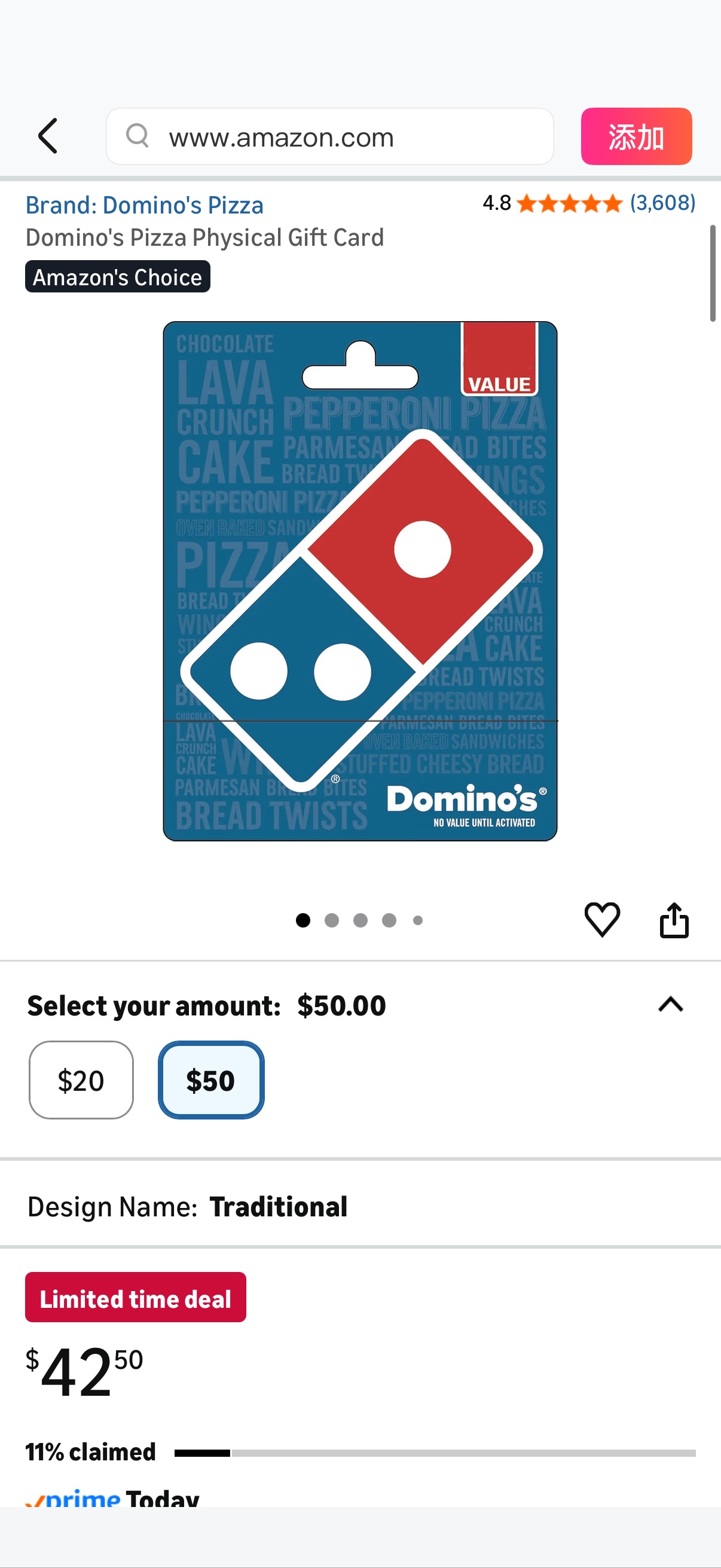 Amazon.com: Domino's Pizza Gift Card $50只需$42.5