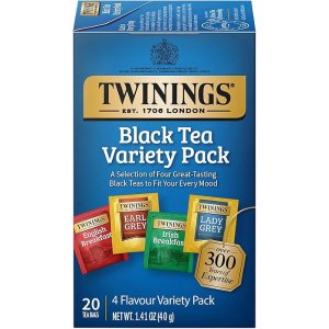 $2.78 Amazon.com : Twinings Variety Pack Black Tea Bags, 20 Count (Pack of 1), Includes English Breakfast, Earl Grey, Irish Breakfast, and Lady Grey, Caffeinated, Enjoy Hot or Iced, 20 Teabags : Grocery & G