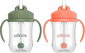 Amazon.com : Dr. Brown's Milestones Baby's First Straw Cup, Training Cup with Weighted Straw, 9 oz/270 mL, BPA-free, 6m+, Coral/Olive Green, 2-Pack : Baby