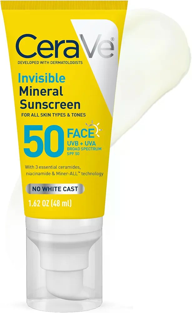 CeraVe Invisible Mineral Sunscreen SPF 50, Face Sunscreen for Sensitive Skin With Zinc Oxide & Titanium Dioxide, Vitamin E + Niacinamide + Ceramides, Oil Free, Travel Size 1.62 oz : Beauty & Personal 