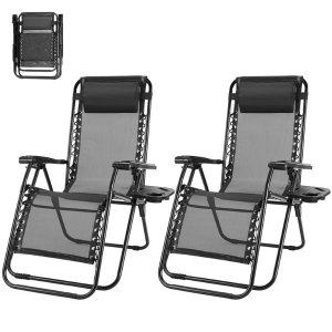 $46.99 Gianna Zero Gravity Chairs, Set of 2 Portable Recliner Beach Camping Patio Outdoor Folding Lounge Chair with Cup Holder Trays and Adjustable Pillow for Poolside, Garden, Backyard, Black - Walmart.com