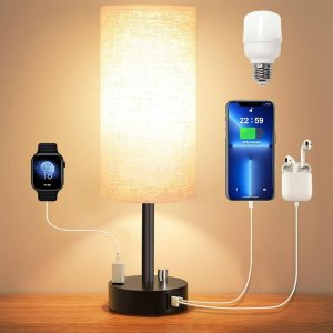$24.99 HadinEEon Bedside Table Lamp, Fully Dimmable Lamp with USB C&A Fast Charging Port, AC Outlet, Lamp with Linen Fabric Shade and Black Base for Bedroom Living Room, Office, Dorm - Walmart.com