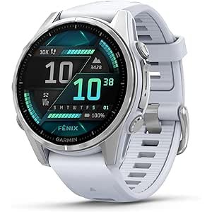 $749.99 Amazon.com: Garmin fēnix® 8 – 43mm, AMOLED, Premium Multisport GPS Smartwatch, Long-Lasting Battery Life, Dive-Rated, Built-in LED Flashlight, Silver with Whitestone Band : Electronics
