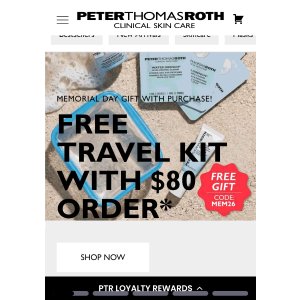  FREE 7-PIECE TRAVEL KITWITH $80 ORDER
Enjoy a kit with hydrating PTR essentials and a bonus travel bag! Use code MEM26 at checkout