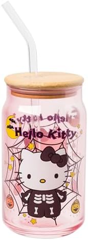 Amazon.com | Silver Buffalo Sanrio Hello Kitty Halloween Spooky Skeleton Costume Pink Lavender Glass Jar Tumbler with Bamboo Lid and Glass Straw, 16 Ounces: Tumblers &amp; Water Glasses