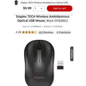 $9.99 Staples TECH Wireless Ambidextrous Optical USB Mouse, Black (ST62601) | Staples
