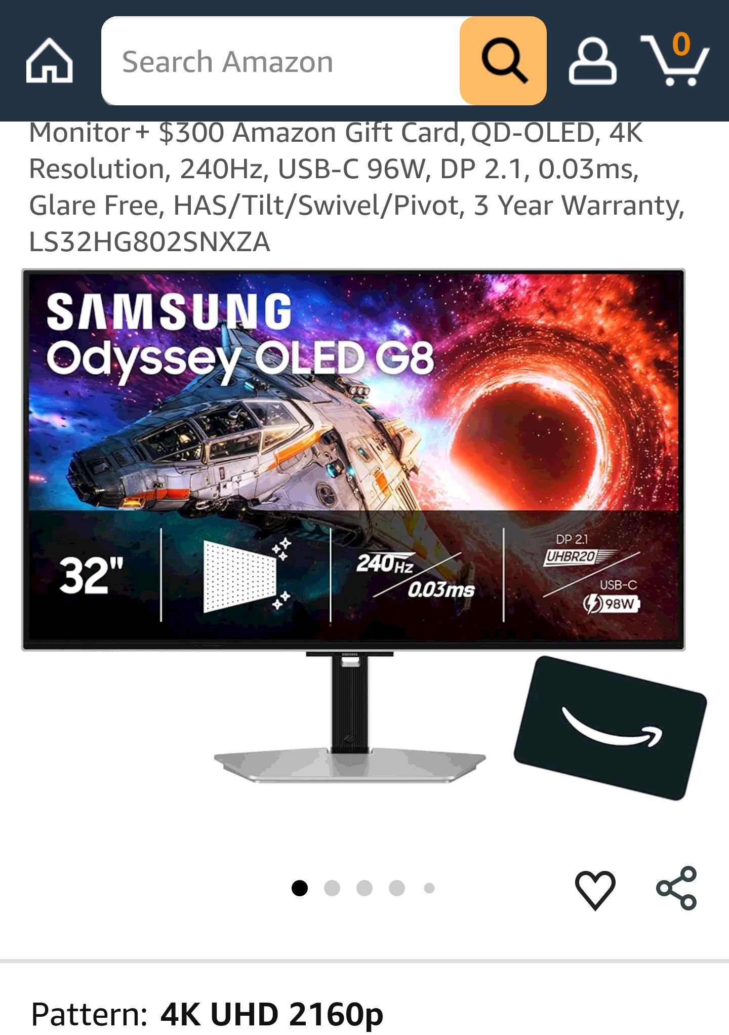 Samsung 32" Odyssey OLED G8 (G80SH) Gaming Monitor + $300 Amazon Gift Card, QD-OLED, 4K Resolution, 240Hz, USB-C 96W, DP 2.1, 0.03ms, Glare Free, HAS/Tilt/Swivel/Pivot, 3 Year Warranty, LS32HG802SNXZA