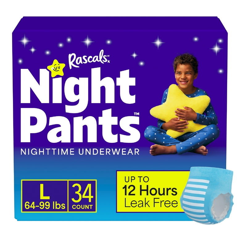 Rascals Night Pants Absorbent Disposable Boys Nighttime Bedwetting Underwear, L (64-99 lbs), 34 Count - Walmart.com