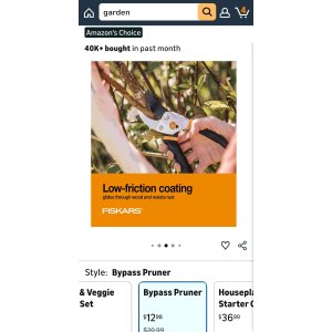 $12.98 Amazon.com : Fiskars Bypass Pruning Shears, 5/8  Cut Capacity Gardening Scissors, Self-Cleaning Sap Groove Prevents Sticking, Non-Slip Grip for Cutting Stems & Branches, Sharp Steel Blades w/ Low-Fric