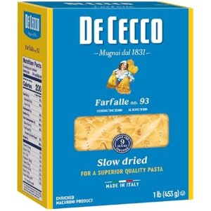 $1.87 Amazon.com : De Cecco Farfalle No. 93 Pasta, 16 Oz, Authentic, Slow Dried, Made with Durum Wheat, Versatile Pasta for Sauces & Recipes, Made in Italy : Grocery & Gourmet Food
