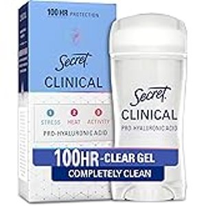 $8.50 Amazon.com : Secret Clinical Strength 100HR Sweat & Odor, Completely Clean Invisbile Solid Antiperspirant Deodorant for Women, 3X Stress Protection with Hyaluronic Acid, PH Balanced, Com