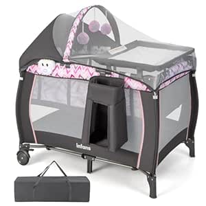 Amazon.com: INFANS 4 in 1 Pack and Play, Portable Travel Baby Playard with Bassinet, Changing Table, Canopy, Mosquito Net, Hanging Toys, Music Box, Storage Bag, Large Playpen from Newborn to