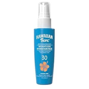 $9.47 Amazon.com: Hawaiian Tropic Weightless Hydration Water Mist for Face SPF 30, 2.1 Fl Oz, Travel Size SPF Face Mist Hydrating Spray, Non-Comedogenic Sunscreen Facial Mist, Non-Aerosol Sunscree