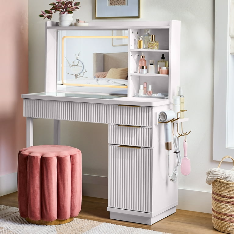 Better Homes & Gardens Lillian Vanity Desk with LED Lighted Mirror, White Finish - Walmart.com