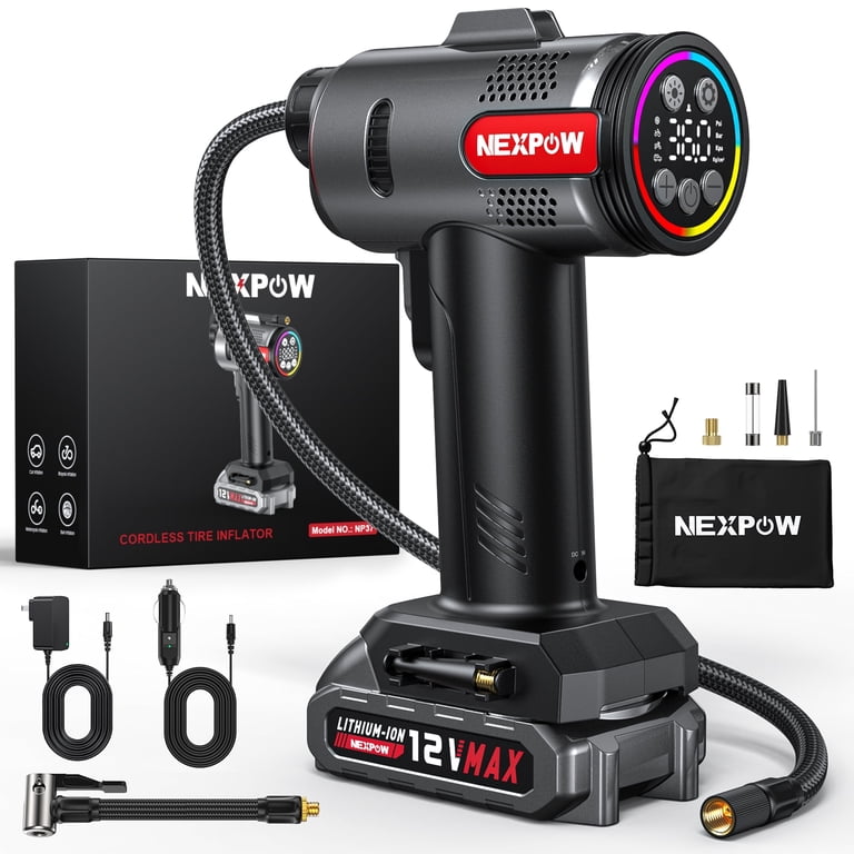 NEXPOW Tire Inflator Portable Air Compressor, 160PSI Cordless Car Tire Pump, Rechargeable Battery Powered Air Compressor 12V DC Adapter, Digital Pressure Gauge - Walmart.com