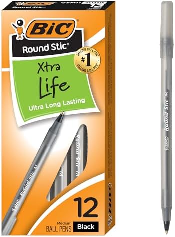 Amazon.com : BIC Round Stic Xtra Life Black Ballpoint Pens, Medium Point (1.0mm), 12-Count Pack of Bulk Pens, Flexible Round Barrel for Writing Comfort, No. 1 Selling Ballpoint Pens : Ballpo