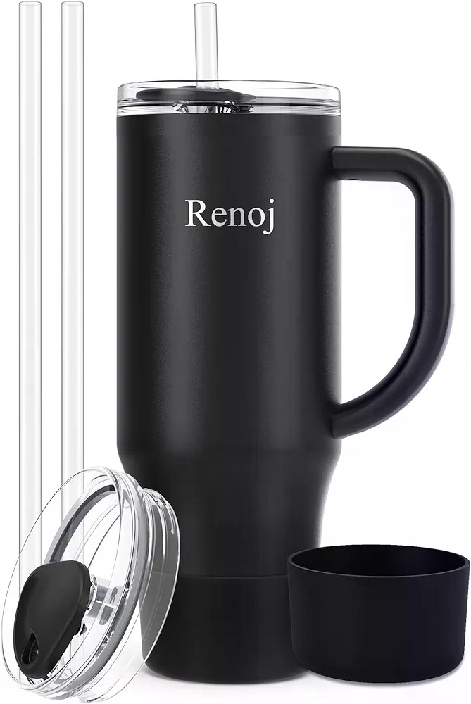 Renoj Insulated Mug 100% Spill Resistant Insulated Water Bottle for Iced Coffee & Hot Drinks - Fits Car Cup Holder, Ideal Gift, 2 Straws & Silicone Boot - FlexSlide White 40 oz : Home & Kitchen