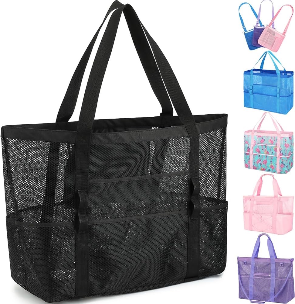 Amazon.com | Fammart Extra Large Mesh Beach Bag for Women, Top Zipper Closure Pool Tote, SandProof Cruise Essentials 2026 Family Travel | Travel Totes