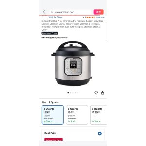 $59.99 Amazon.com: Instant Pot Duo 7-in-1 Mini Electric Pressure Cooker, Slow Rice Cooker, Steamer, Sauté, Yogurt Maker, Warmer & Sterilizer, Includes Free App with over 1900 Recipes, Stainless Steel, 3 Quar
