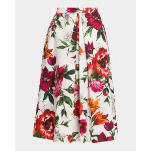 $578 Dolce&Gabbana Rafia Fiori Floral Pleated Cotton Poplin Midi-Skirt | Neiman Marcus