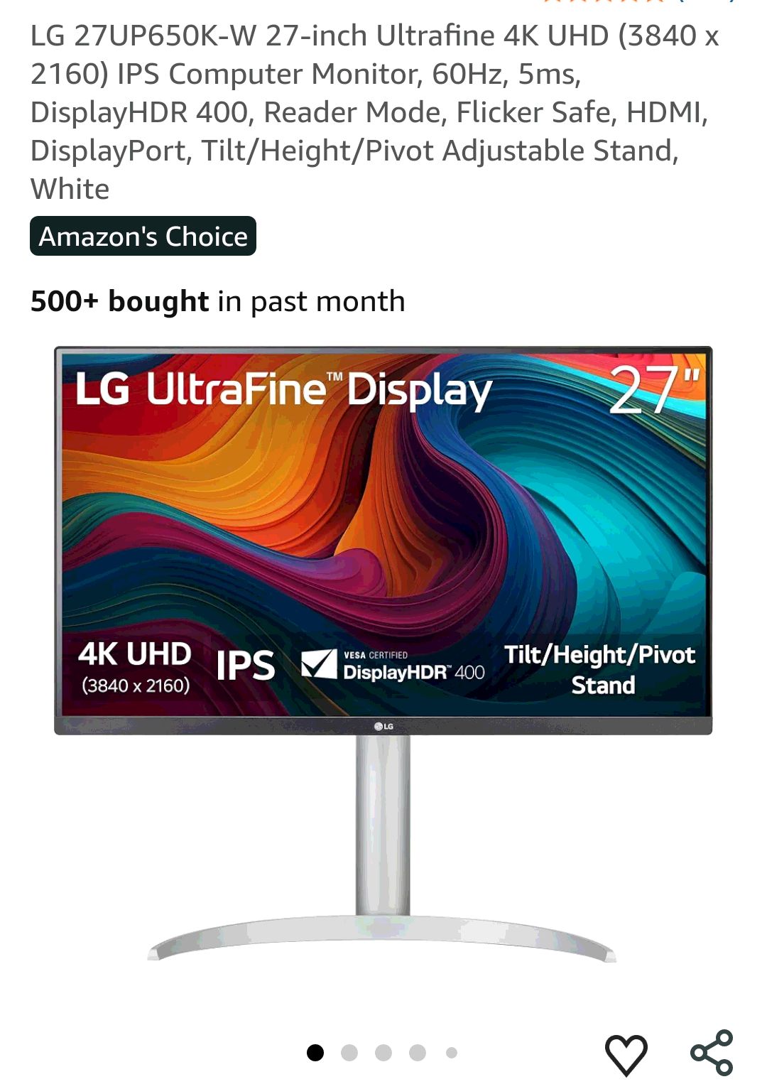 LG 27UP650K-W 27-inch Ultrafine 4K UHD (3840 x 2160) IPS Computer Monitor, 60Hz, 5ms, DisplayHDR 400, Reader Mode, Flicker Safe, HDMI, DisplayPort, Tilt/Height/Pivot Adjustable Stand, White : Electron
