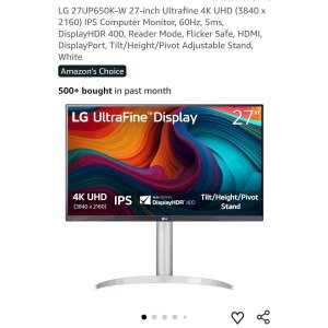 $194.99 LG 27UP650K-W 27-inch Ultrafine 4K UHD (3840 x 2160) IPS Computer Monitor, 60Hz, 5ms, DisplayHDR 400, Reader Mode, Flicker Safe, HDMI, DisplayPort, Tilt/Height/Pivot Adjustable Stand, White : Electron