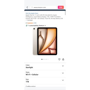 $749.99 Amazon.com : Apple iPad Air 11-inch with M3 chip Built for Apple Intelligence, Liquid Retina Display, 1TB, 12MP Front/Back Camera, Wi-Fi 6E + 5G Cellular, Touch ID, All-Day Battery Life — Starlight : 