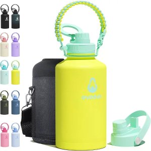 $7.99 avodvo 64 oz Water Bottle with 2 Lids (2-in-1 Straw & Spout Lid, Magnetic Lid), Insulated Water Bottle with Strap, Stainless Steel Water Bottle for Hiking, Gym, Travel, BPA-Free, Yellow: Home & Kitche