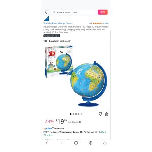 $19.99 Amazon.com: Ravensburger Children s World Globe 180 Piece 3D Jigsaw Puzzle | Easy Click Technology | Displayable Art | Perfect for Kids and Adults | 10.5 in Diameter : Toys & Games 地球仪拼图