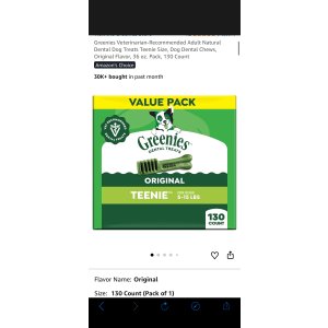 $25.30 Amazon.com : Greenies Veterinarian-Recommended Adult Natural Dental Dog Treats Teenie Size, Dog Dental Chews, Original Flavor, 36 oz. Pack, 130 Count (点击订阅)
