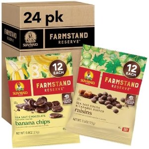 $11.58 Amazon.com : Sun-Maid Farmstand Reserve 24 Count Variety Pack - 0.8 oz Snack Bag – Sea Salt Cocoa & Caramel Dusted Raisins + Sea Salt Chocolate Coated Banana Chips (Amazon Exclusive) : E