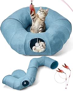 亚麻猫隧道，带中央猫床、互动猫玩具、可拆卸可水洗软垫，大型室内游戏隧道洞穴，适合幼猫、成猫和小动物