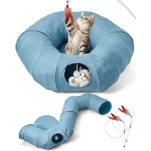 $20.99 亚麻猫隧道，带中央猫床、互动猫玩具、可拆卸可水洗软垫，大型室内游戏隧道洞穴，适合幼猫、成猫和小动物