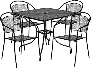 Amazon.com: Flash Furniture Oia 5-Piece Commercial Grade Steel Patio Table and Chairs Set, Outdoor Dining Set with Square Table and 4 Round Back Chairs, Black : Home &amp; Kitchen